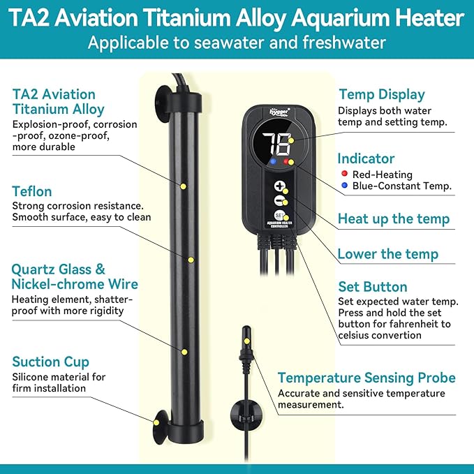 hygger Marine Aquarium Heater 200W,Titanium Heater with Digital LED Controller & Temperature Probe,Submersible Fish Tank Heater with Temperature Calibration,for Saltwater Freshwater Tank 30-40Gallon