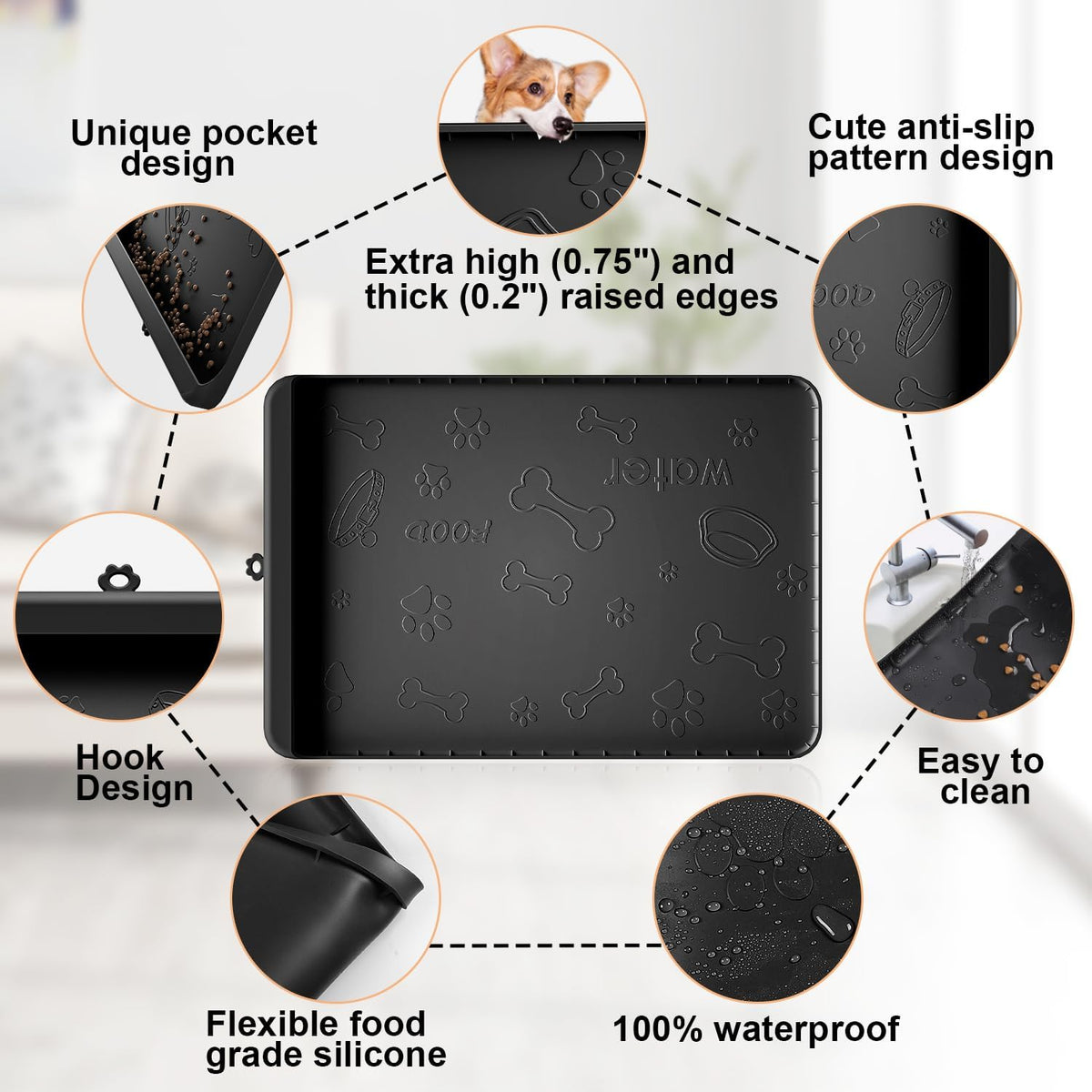 Dog Food Mat 36"x24" - Silicone Dog Mat for Food and Water Large Pet Feeding Mats with Residue - Black / 28"L x 20"W - image 4