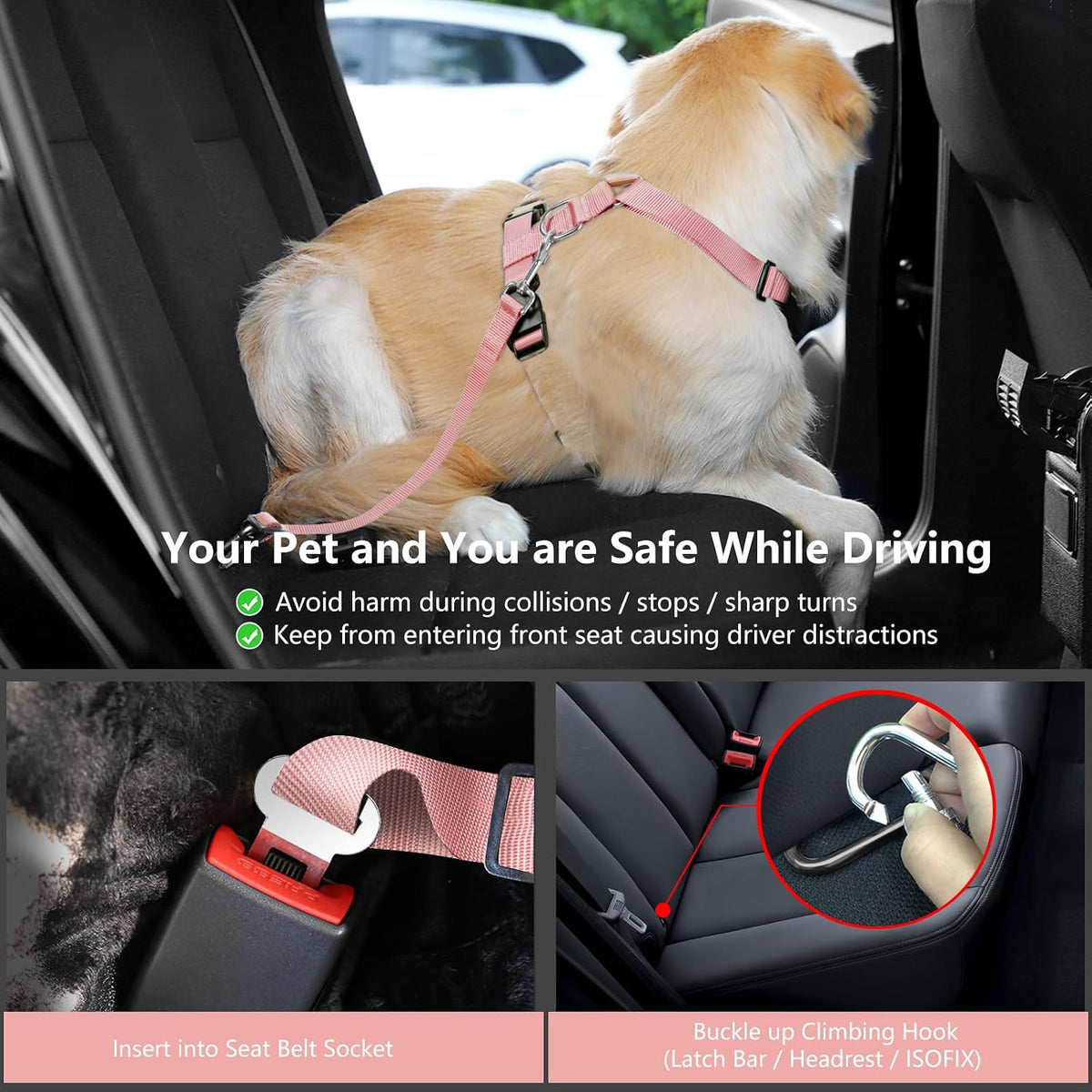 Dog Seat Belt Vest Harness for Car - Pink Daisy / XL (Chest: 24.4-34.7", Neck: 18.9-29.1") - image 2