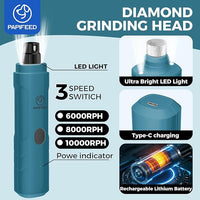 PAPIPAFFEED Dog Nail Grinder Upgraded with 2 LED Lights, 3-Speed Rechargeable & Quiet - Upgraded Electric Pet Nail Trimmer for Small Medium Large Dogs & Cats, Painless Paws Grooming Tool - Blue