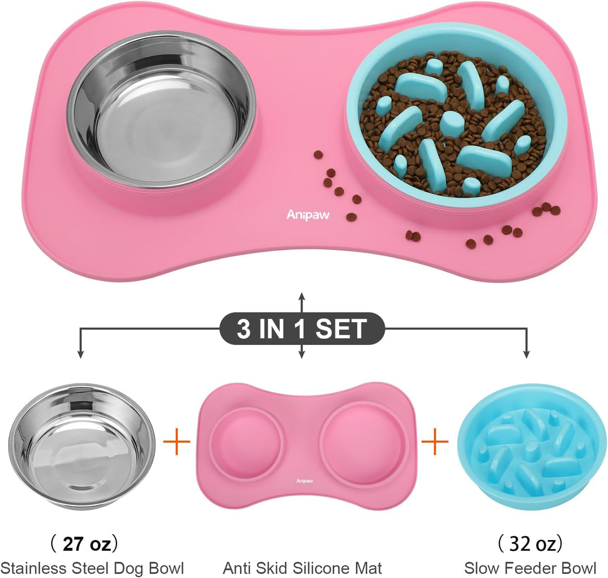 Slow Feeder Dog Bowls 3 in 1 Stainless Steel Food Water Bowl to Slow - Large Breed / Pink - image 4