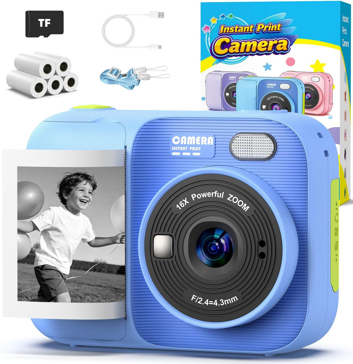 Kids Instant Print Camera with 5 Rolls Print Paper - Blue