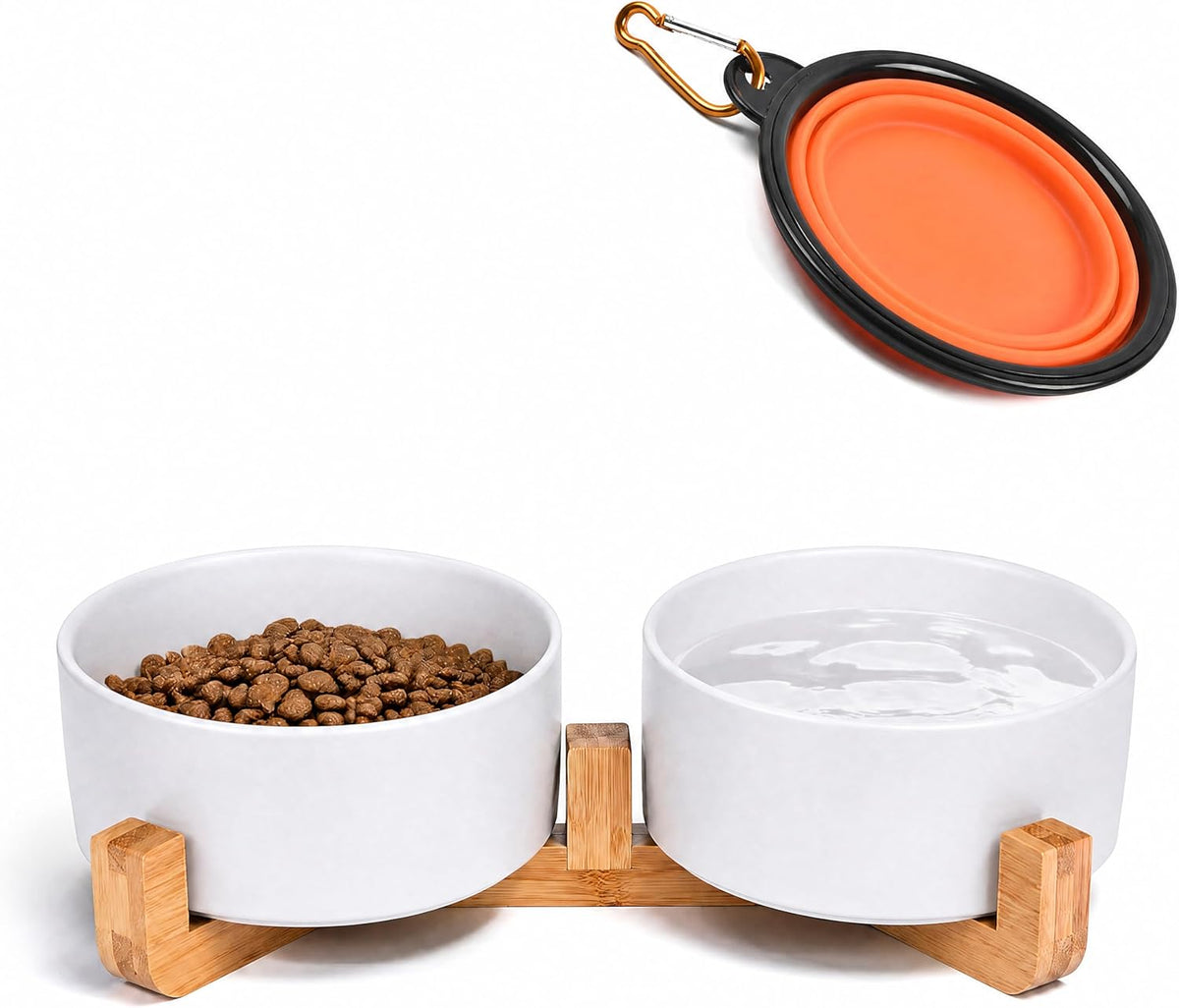 Ceramic Cat Dog Bowl Set with Stand - White / 400ML*2