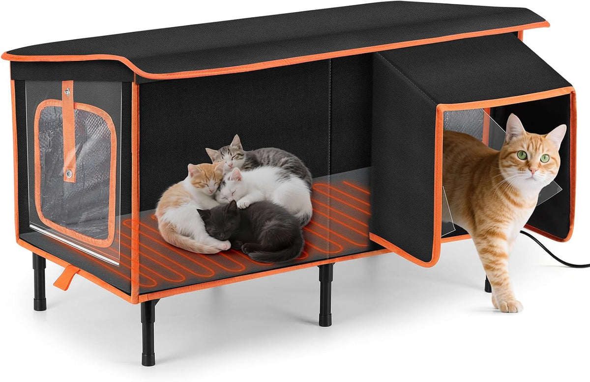 Heated Cat House for Outside in Winter - Black / L (25.7''x13.5''x18'')
