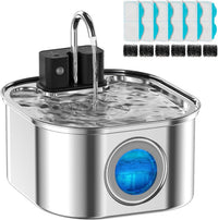 Cat Water Fountain Wireless, Stainless Steel-Rechargeable - Fountain +6 Filters+6 Sponges