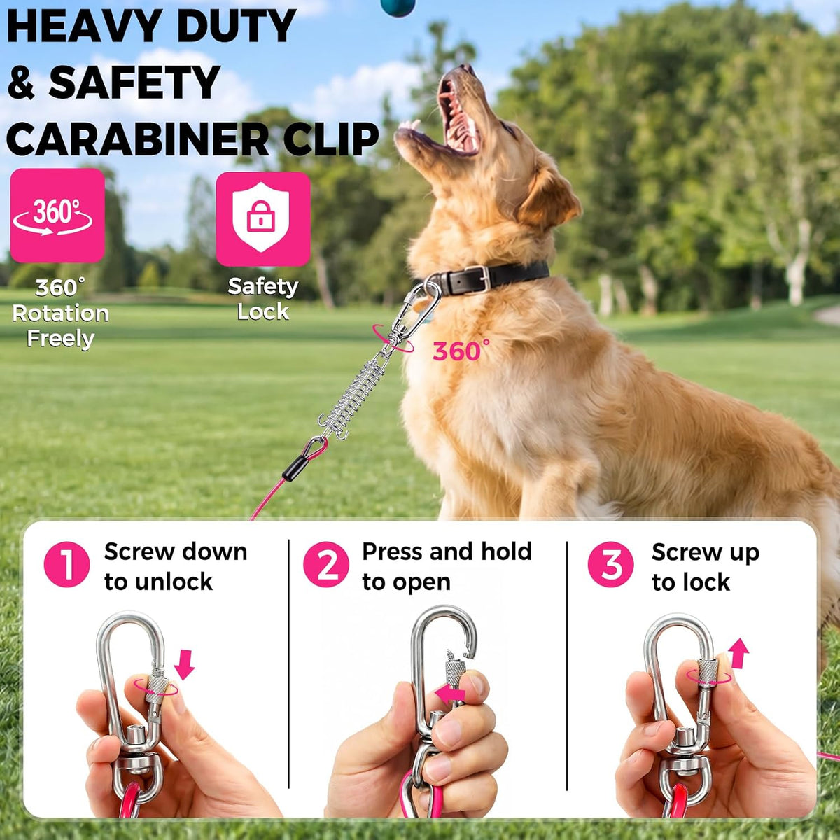 Tie Out Cable for Dogs, 50FT Dog Leads for Yard Chew Proof, Heavy Duty Leash for Large Dogs Up - 250lbs / 10ft / Pink - image 4