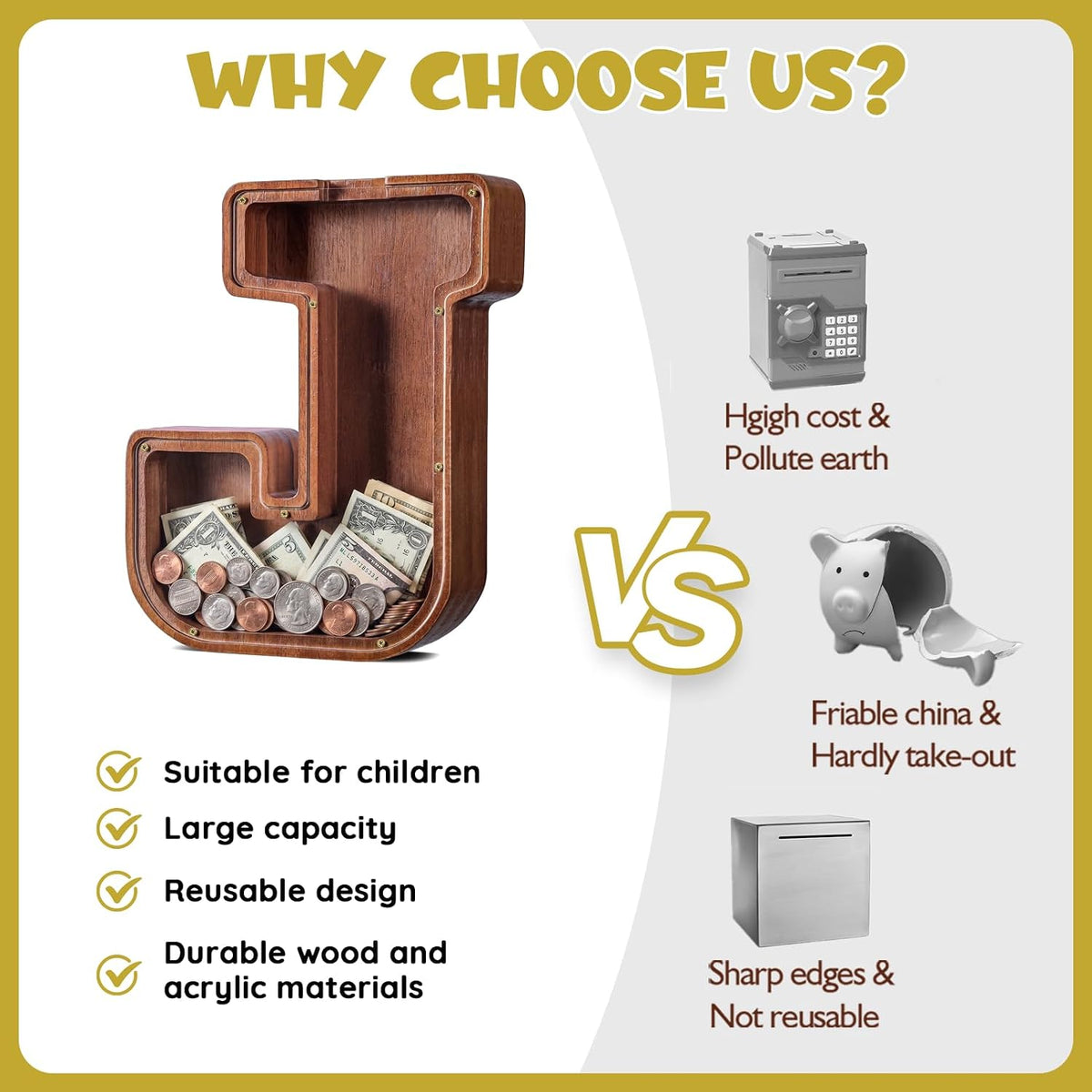 KMC wooden letter piggy bank, oak initial coin bank with clear plexiglass front - view 29