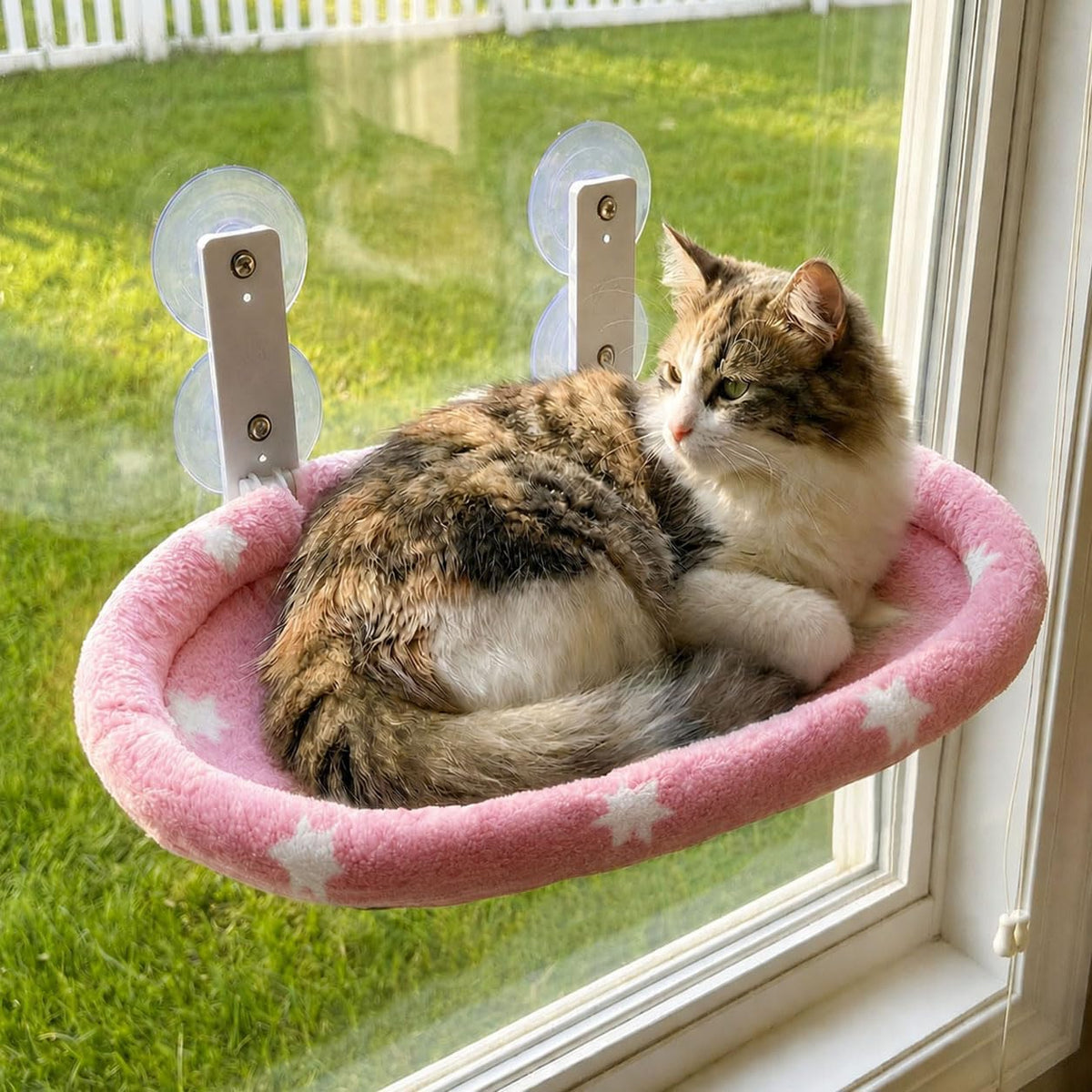 Cat Window Perch Hammock - Glow in the Dark Cordless Foldable Pet Bed with Sturdy Metal Frame - Pink