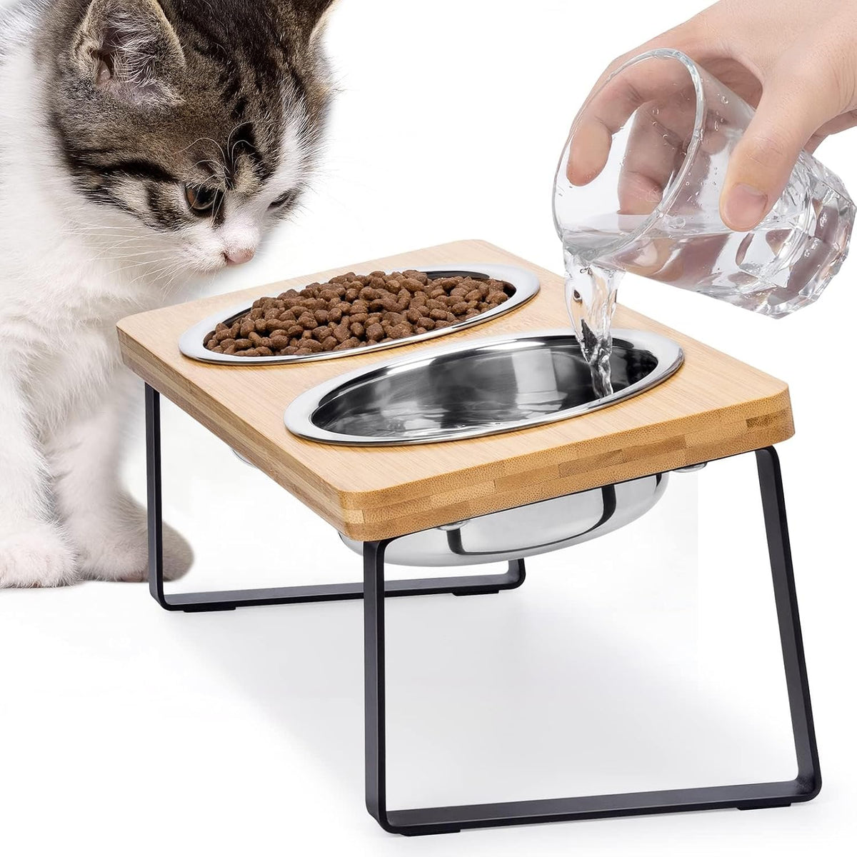Elevated Cat Food Bowl for Indoor Cats - 2 Bowls / Wood Color