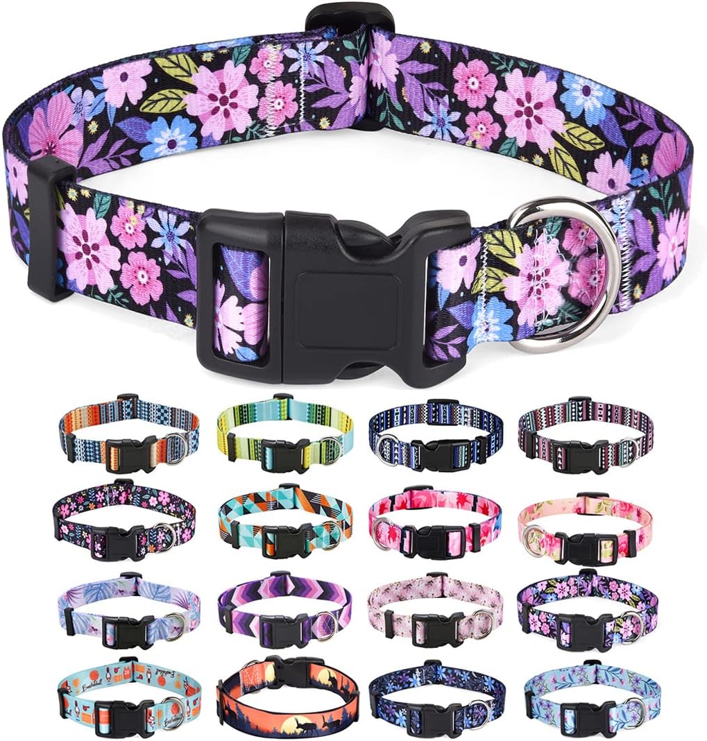 Mihqy Dog Collar for Medium Dogs, Fashion Design, M - M (Neck 12.9-21.6", Width 3/4") / Floral Pink