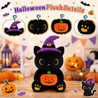 MUFEIRUO Halloween black cat plush holding pumpkin bag, wearing orange witch hat - view 24