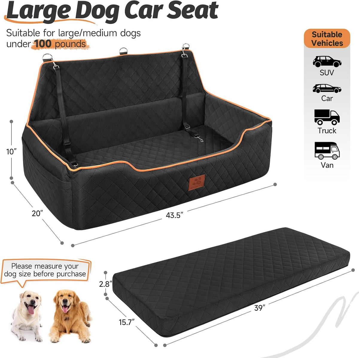 XIEEAOZEE Large Dog Car Seat for Pets Under 100 lbs - Black - image 2