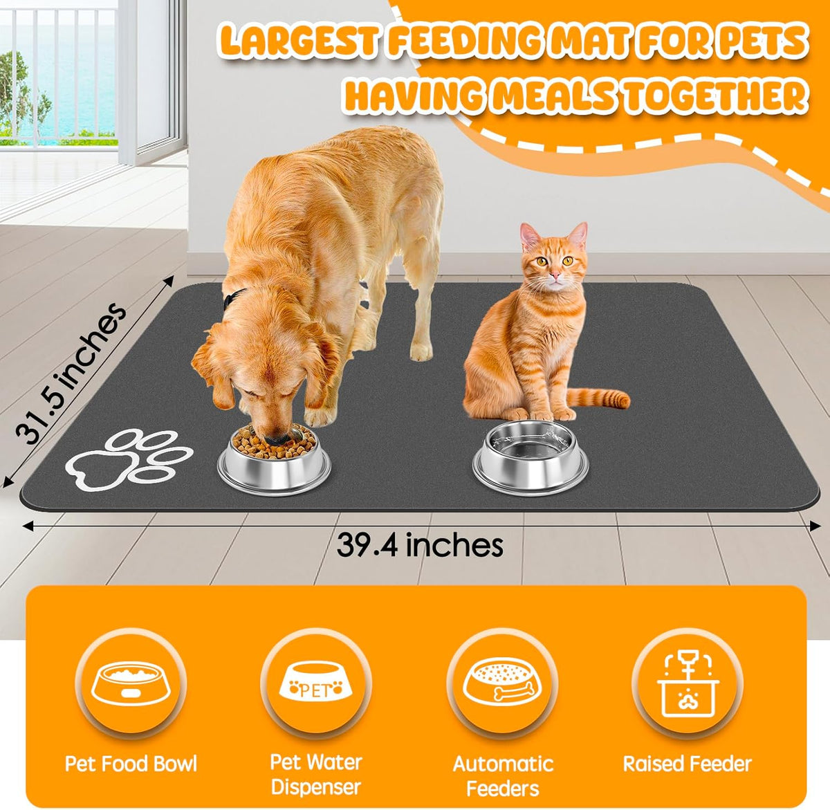 Dog Food Mat, 36" x 24" Extra Large Absorbent Dog Mat for Food and Water, Non Skid Cat Bowl Mat - Dark brown / 39.4"L x 31.5"W - image 2