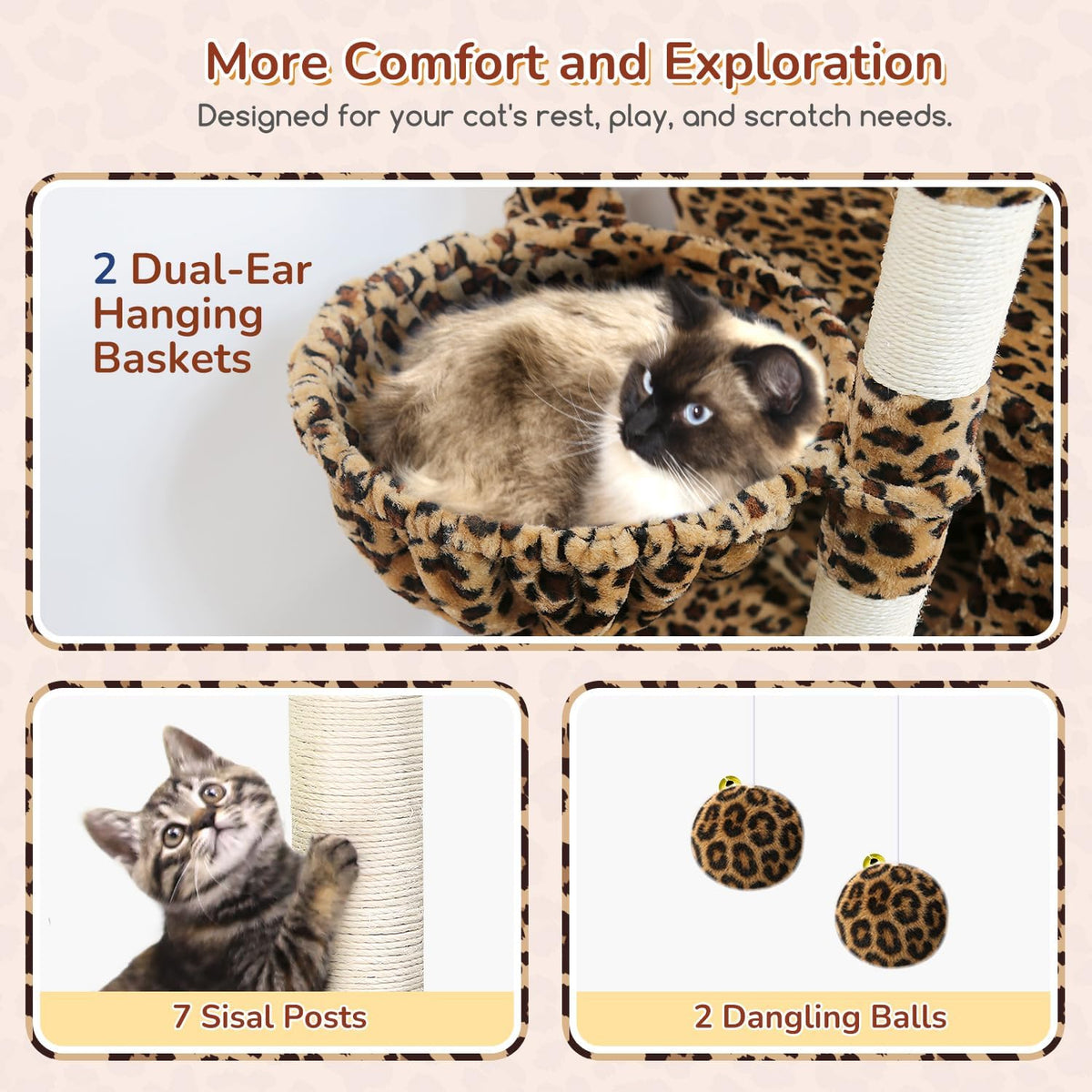 Globlazer 74in Heavy Duty Cat Tree Tower for Indoor Cats Large Adult - Leopard Print / 74inch - image 4