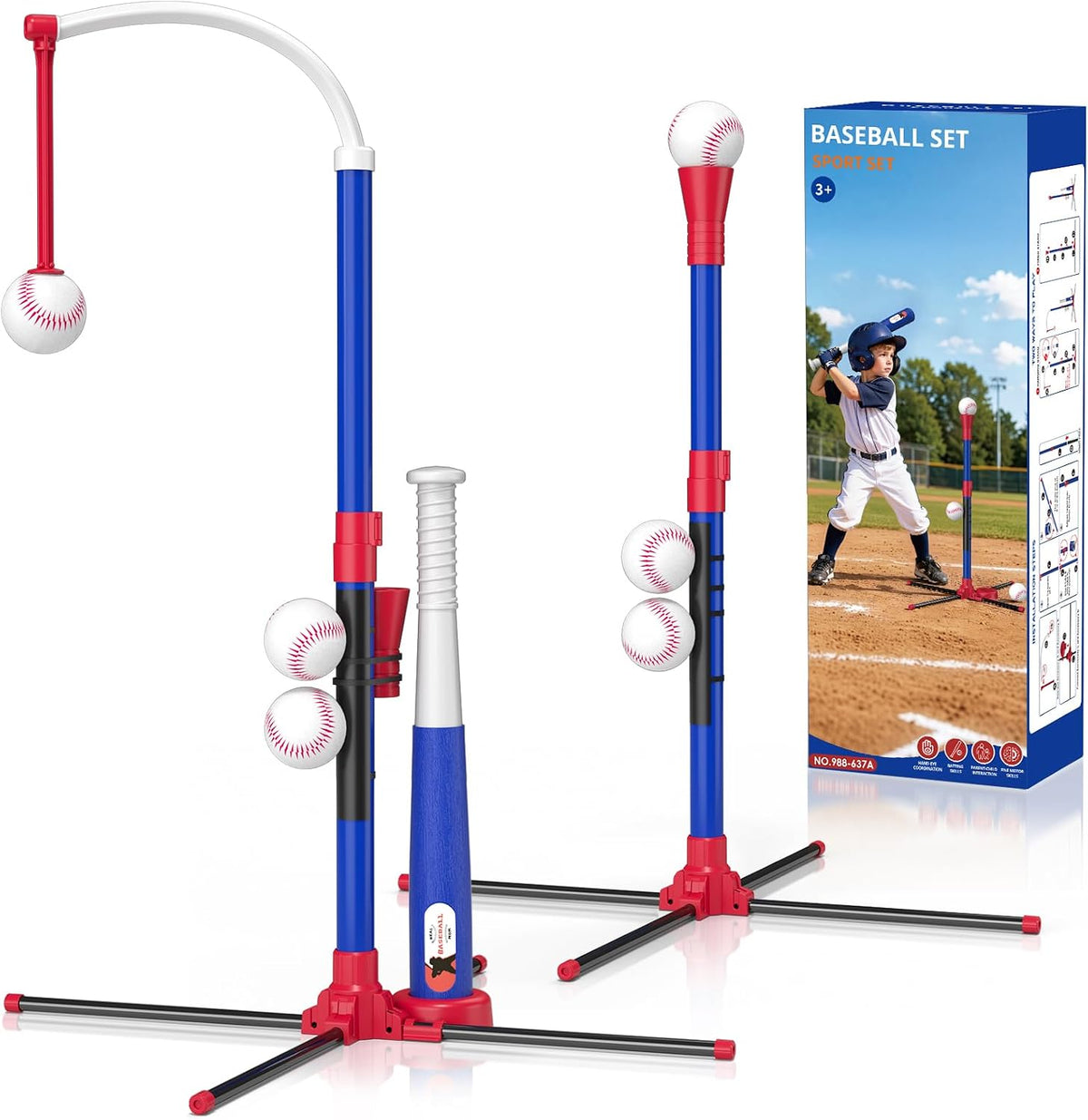 HYES 3-in-1 Baseball Set for kids Auto Pitching Machine – Fun for Kids & Family - Red