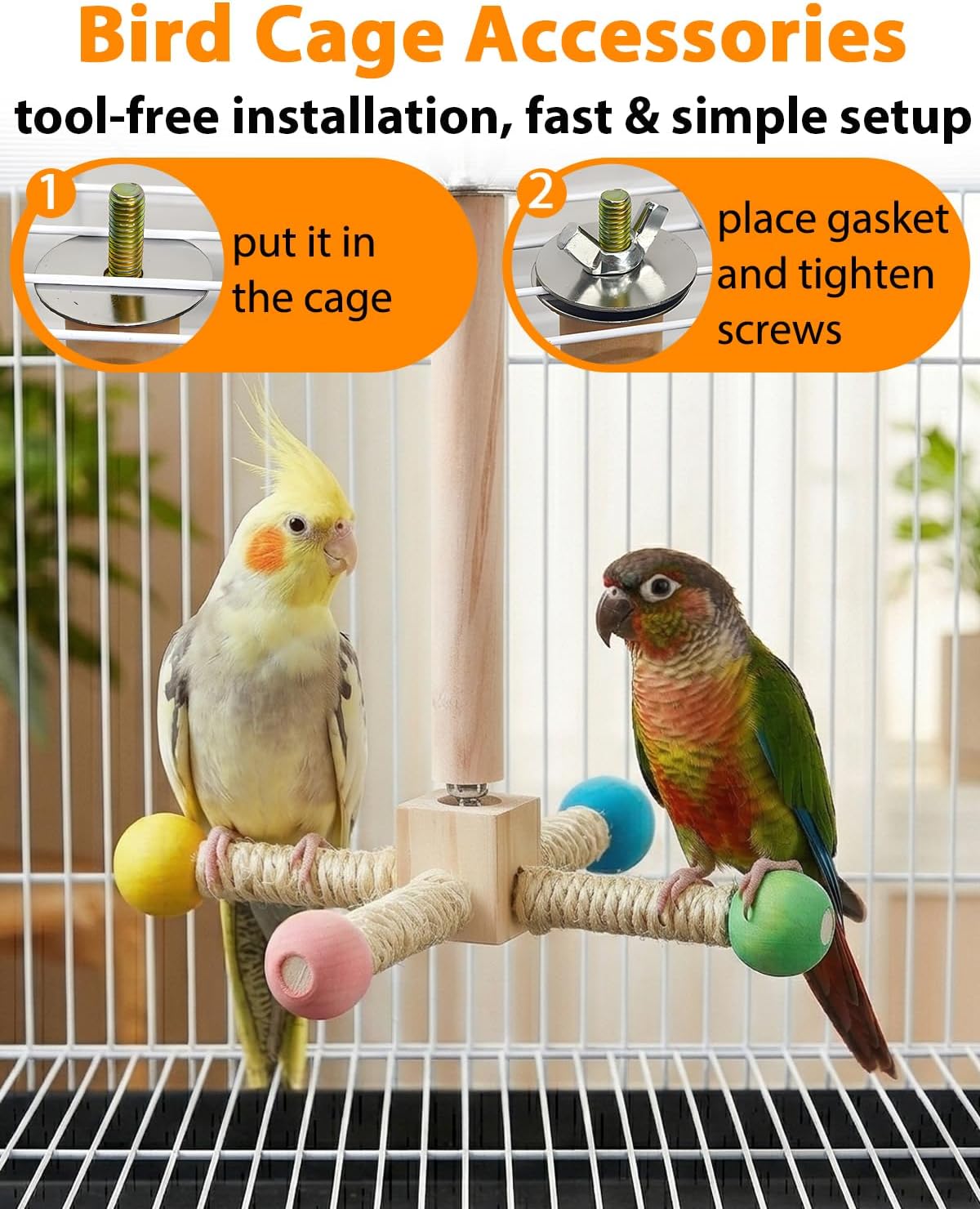 Bird Perch Toy, Kiln-Dried Wood Interactive 360° Spinning Cage Toy – Essentials for Birds - Small (no bells) - image 4