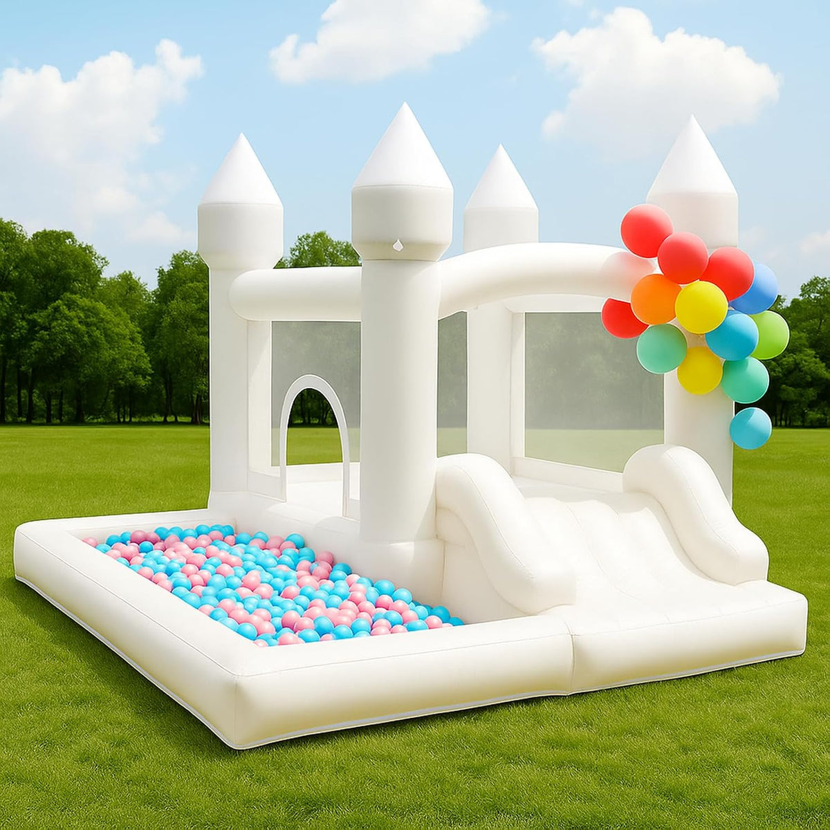 NBSPORT white bounce house with slide, ball pit and mesh walls - view 2
