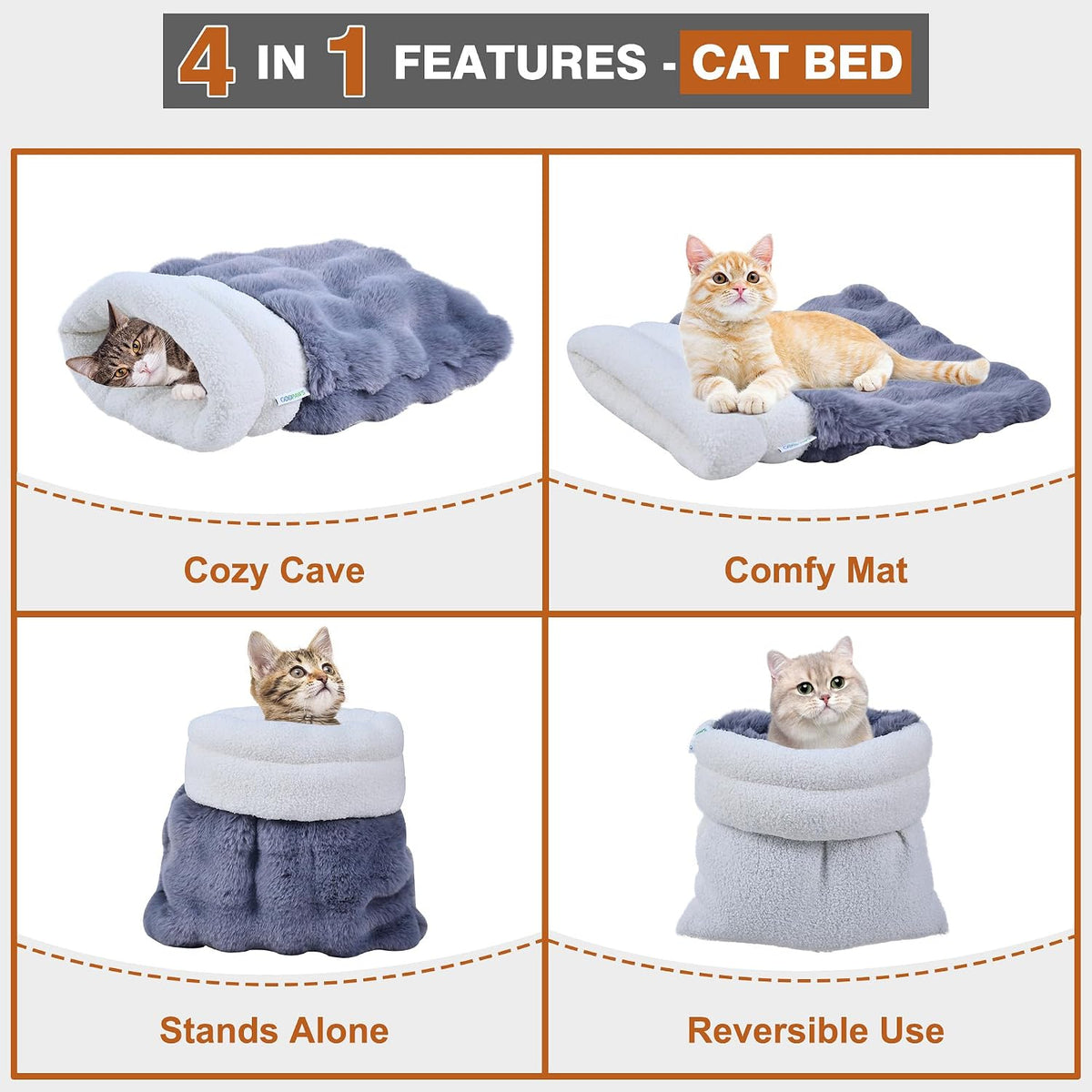 4 in 1 Self Warming Burrow Cat Bed Hideway Sleeping Cuddle Cave – Essentials for Cats - Style- Gray - image 4