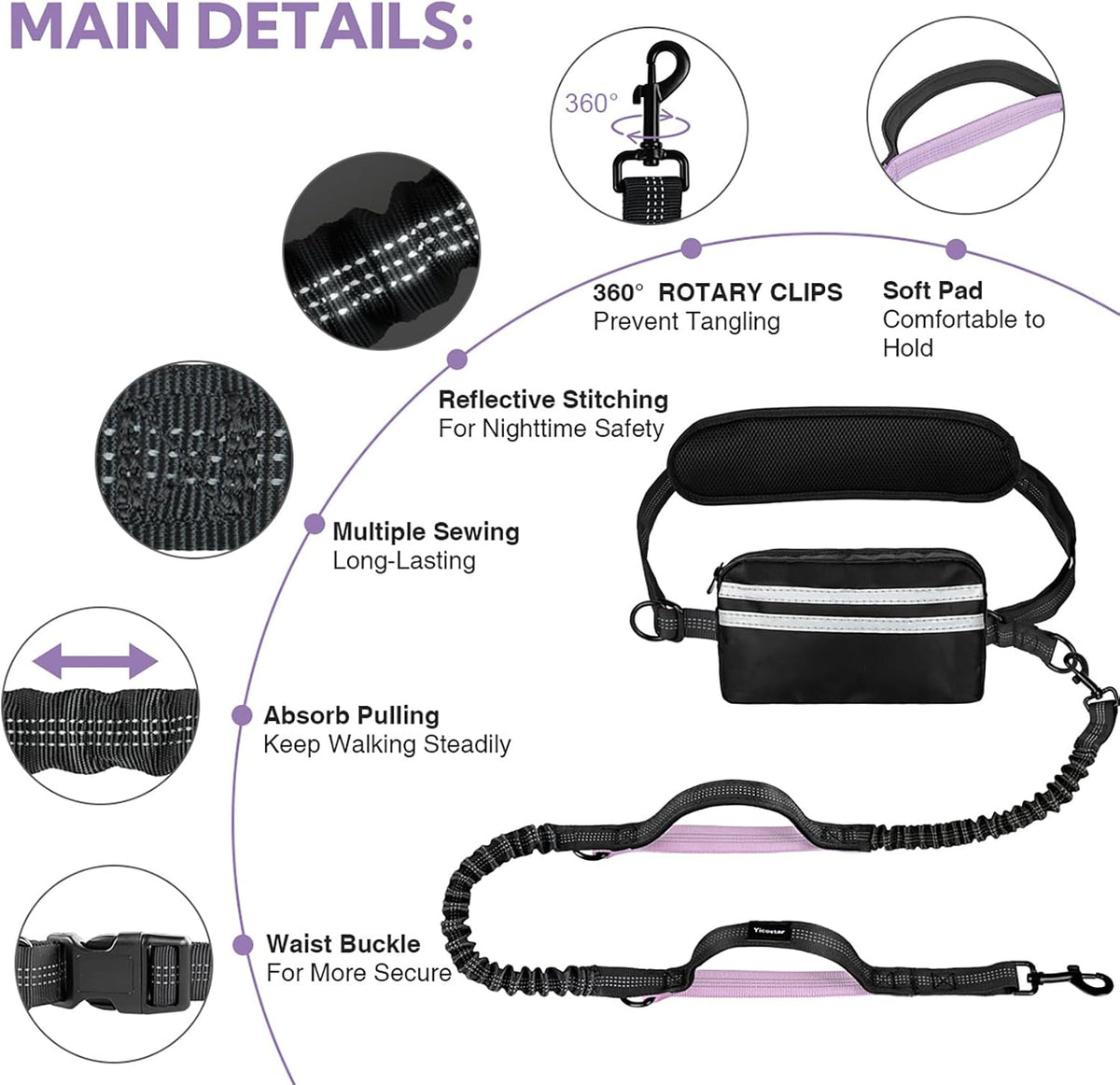 Hands Free Dog Leash for Two Dogs Walking, Running – Essentials for Dogs - Black/Purple / Large - image 3