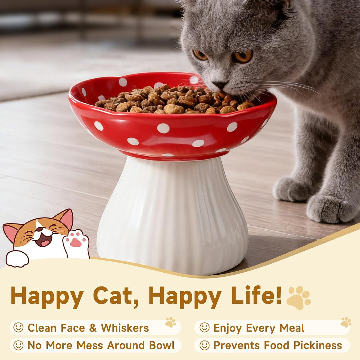 Mushroom Cat Bowl, Whisker Fatigue Cat Bowl, Cute Cat Bowls - Red+Black - image 3