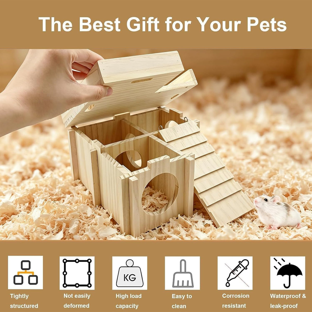 Wooden Hamster Hideout House Castle with Platform, Bowl & Ladder – Essentials for Small Pets - 3 Room + Bowl – 2.24" Entrance - image 3