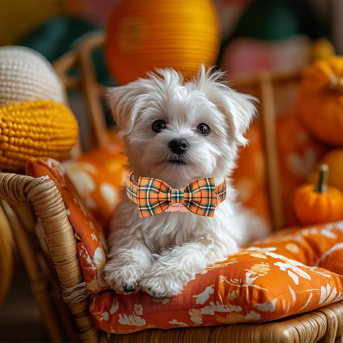 Green Dog Collar with Bow Tie, Christmas Bowtie Dog Collar M – Essentials for Dogs - S / B-Orange Green Plaid - image 2