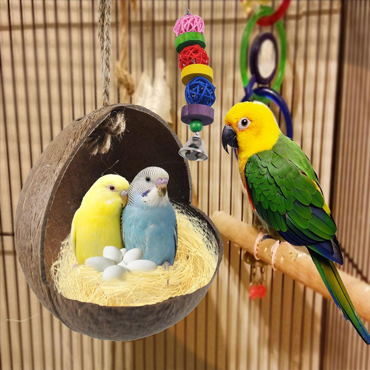 Parakeet Nesting Box Transparent Bird House Bird Nest Box for Cage - G-shaped coconut shell / [M:9.8 x 5.1 x 5.1 lnches] - image 2