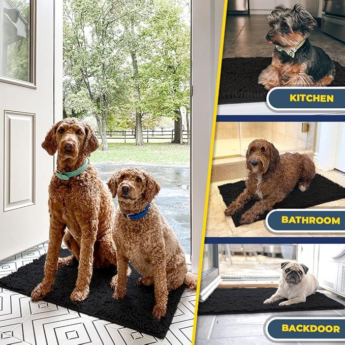 Muddy Mat® Pack of 3 Highly Absorbent Microfiber Dog Door Mat and Pet Rug, Non Slip Thick Washable Area Mat Soft Chenille for Kitchen Bathroom Bedroom and Outdoor - Black Small, Medium & Large