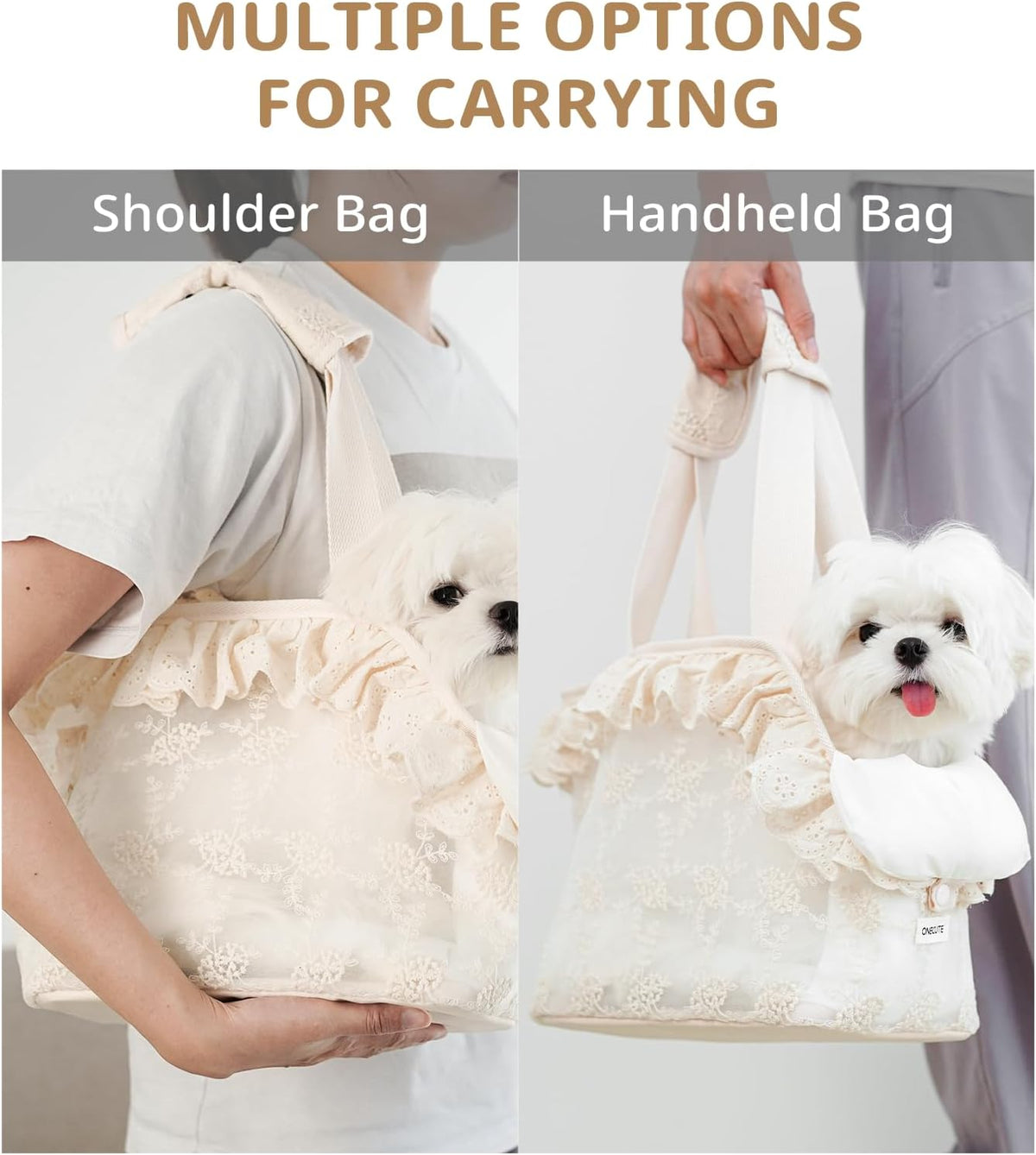 ONECUTE Dog Purse Carrier for Small Dogs Rabbit cat with Large Pockets - Beige Lace / 9.4"L x 5.9"W x 9.4"H - image 3