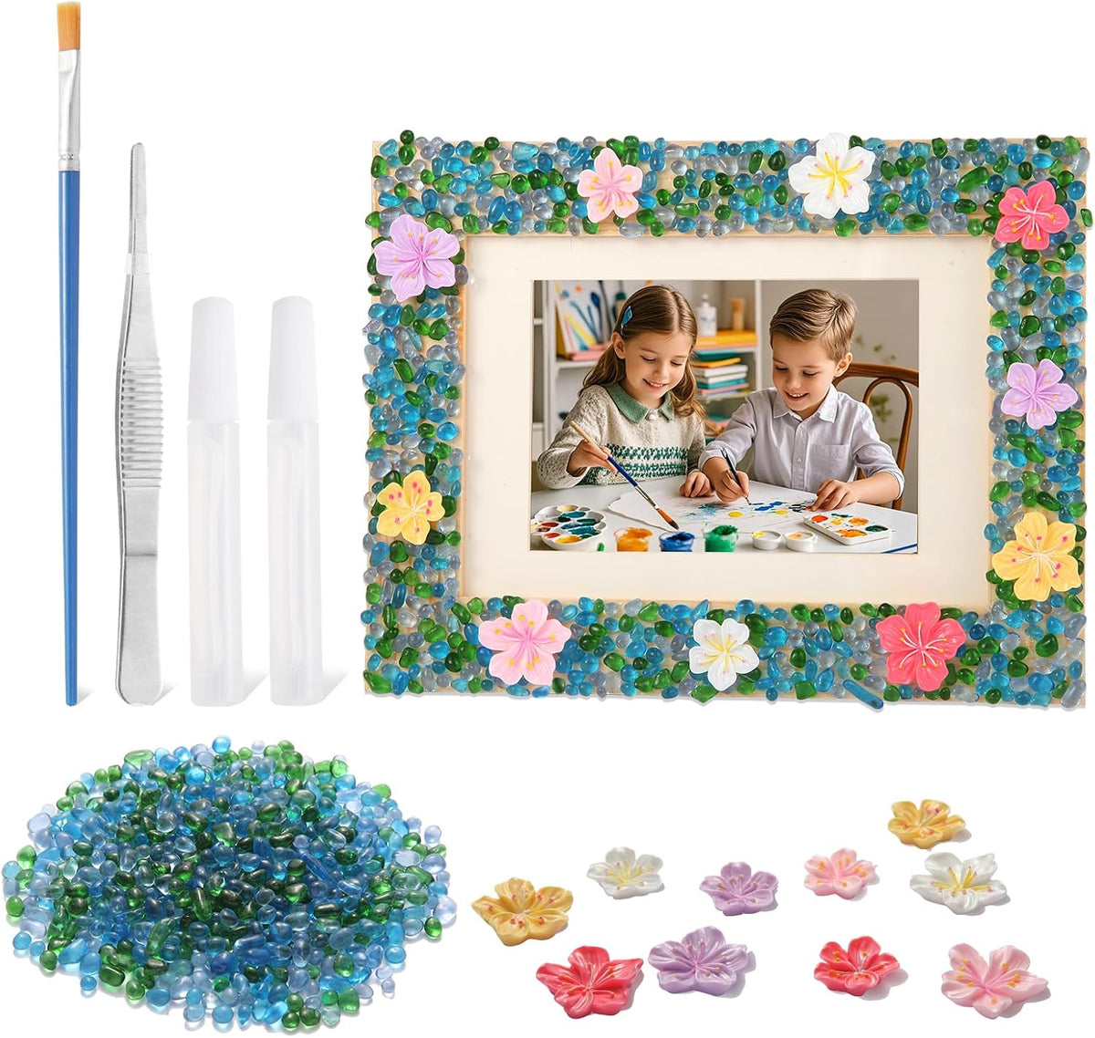 LEJITEKK mosaic picture frame craft kit with pink glass stones and wooden frame - view 2