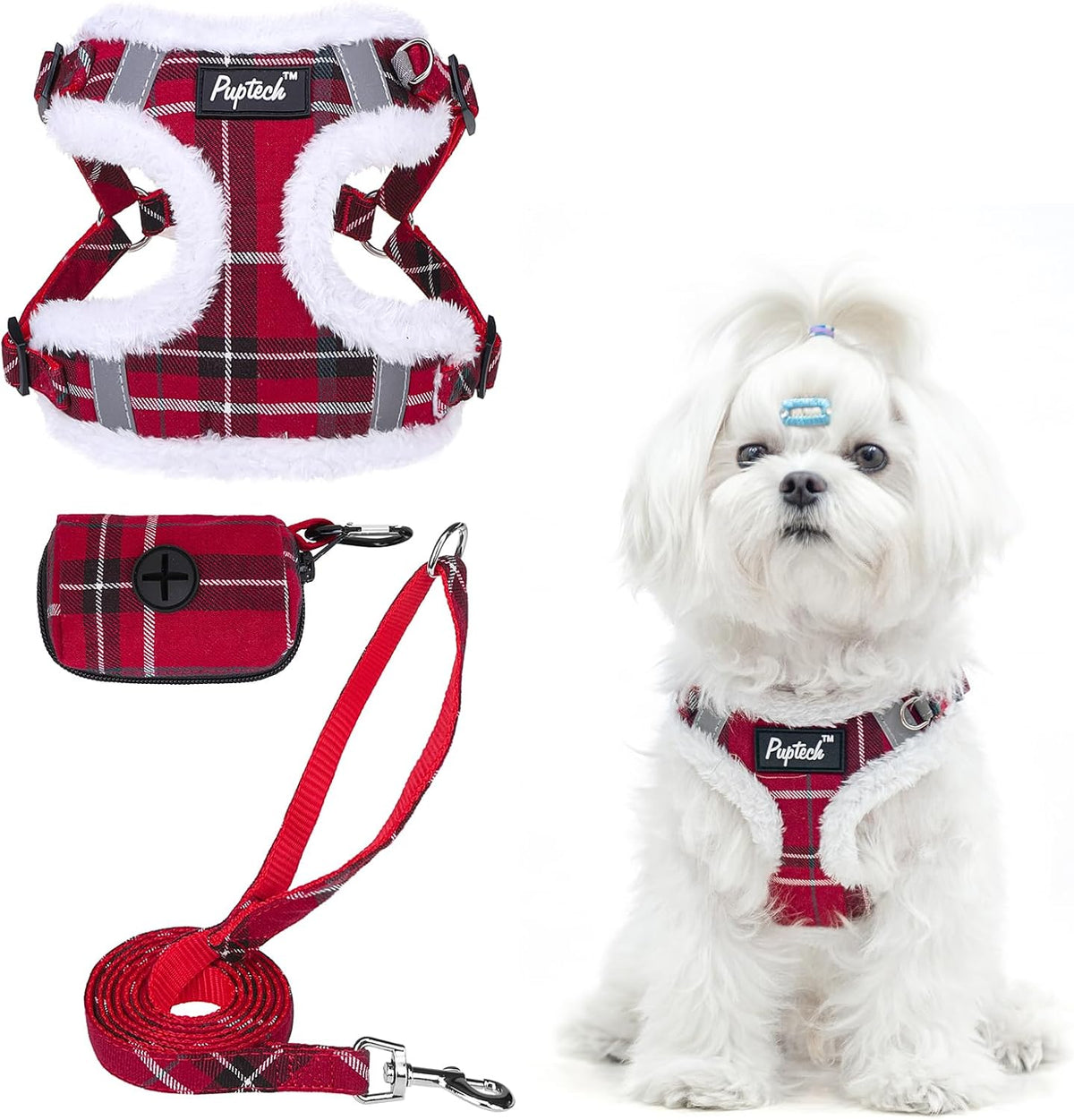 PUPTECK Dog Harness and Leash Set Small Sized - XS (9-13lbs, Chest 14"-16") / #3 Red(Plush Plaid)