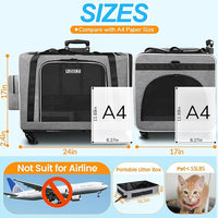Petskd Extra Large Cat Carrier with Wheels and Litter Box 24"x17"x17" for Large Cat or 2 Small Cats, Collapsible Soft Sided Pet Carrier for Car Travel with Lockable Safety Zippers(Grey)