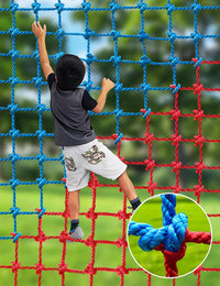 JumpTrzz polyester climbing cargo net for kids hung on a backyard swing set
