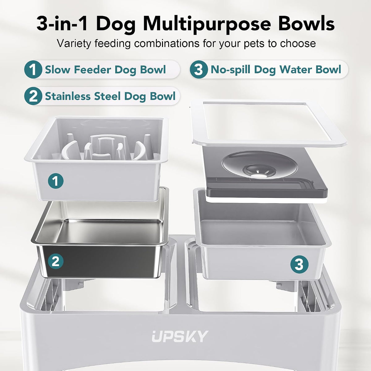 UPSKY 2-in-1 Elevated Dog Bowls Set with 4 Height Adjustable Stand - E-3-in-1 (White) - image 3
