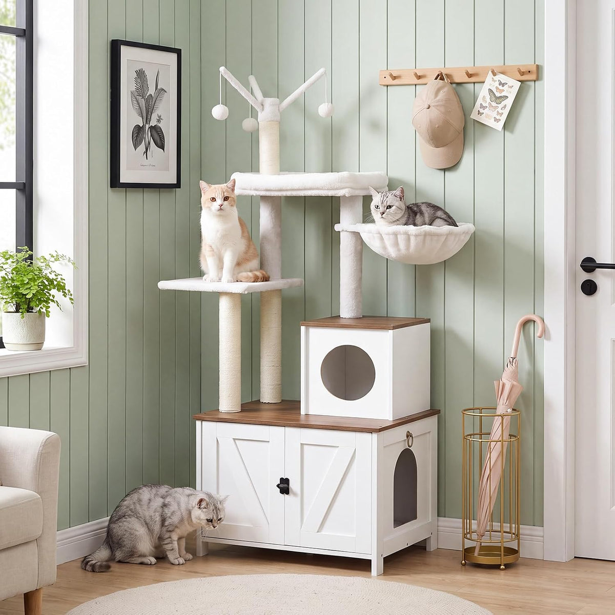 HOOBRO Cat Tree Tower with Litter Box Enclosure Indoor - White + Walnut - image 2