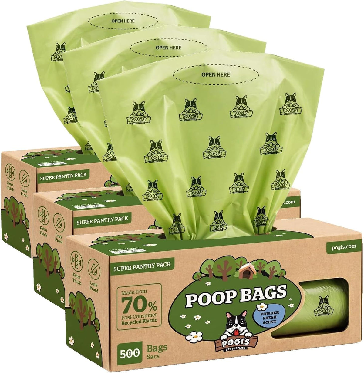 Pogi's Large Dog Poop Bags, Single Roll, Leak-Proof - 500 Count (Pack of 3) / Scented