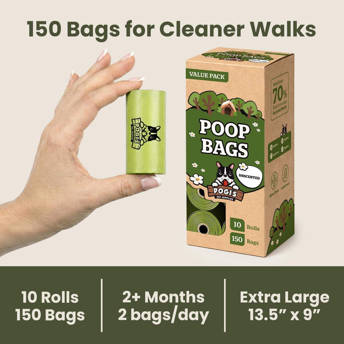 Pogi's Large Dog Poop Bags, Single Roll, Leak-Proof - 150 Count (Pack of 1) / Unscented - image 2