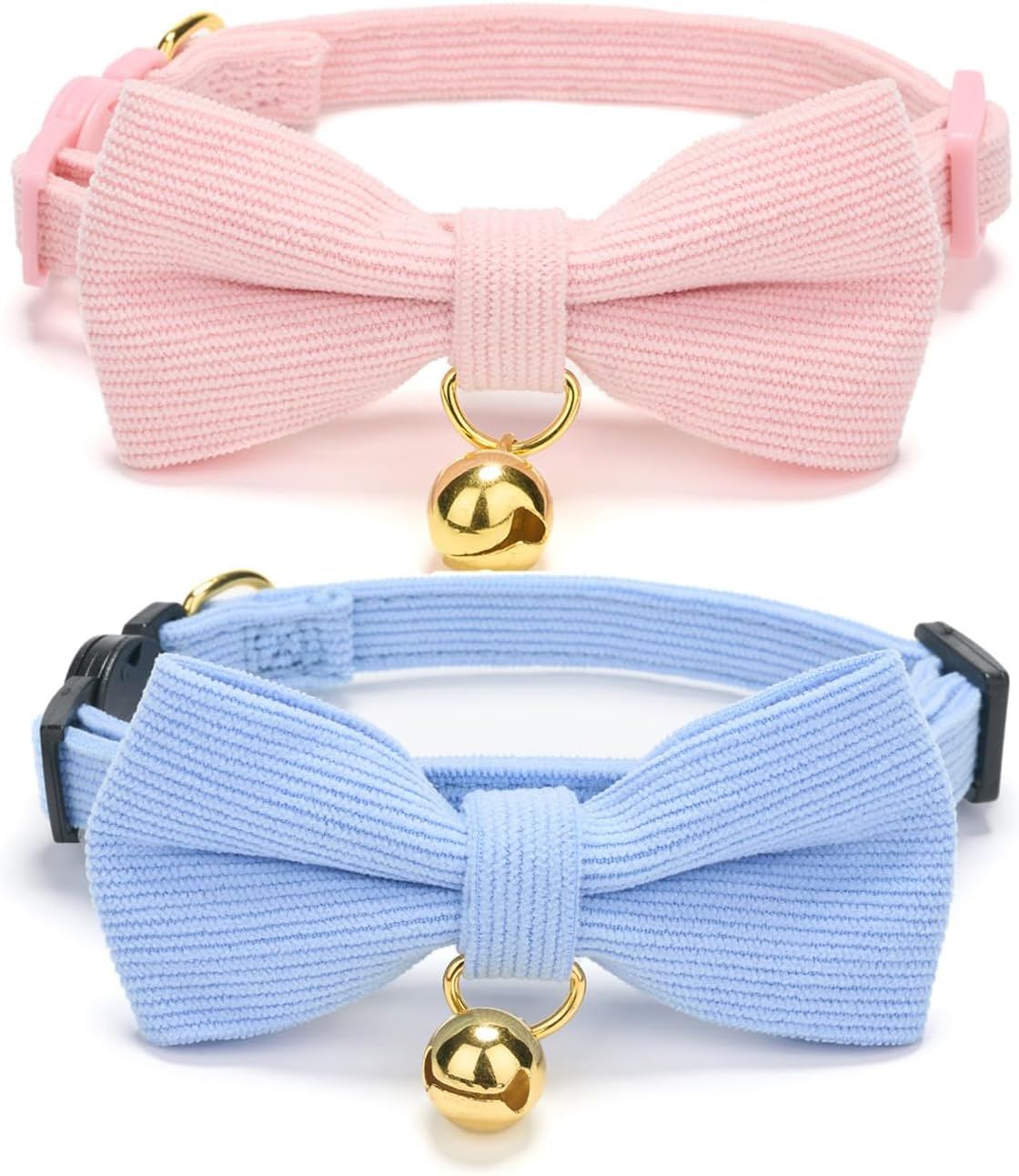 2 Pack Soft Corduroy Cat Collars with Bow Tie & Bell Adjustable - XS:Neck 6" - 9.4" / Corduroy-Blue Pink