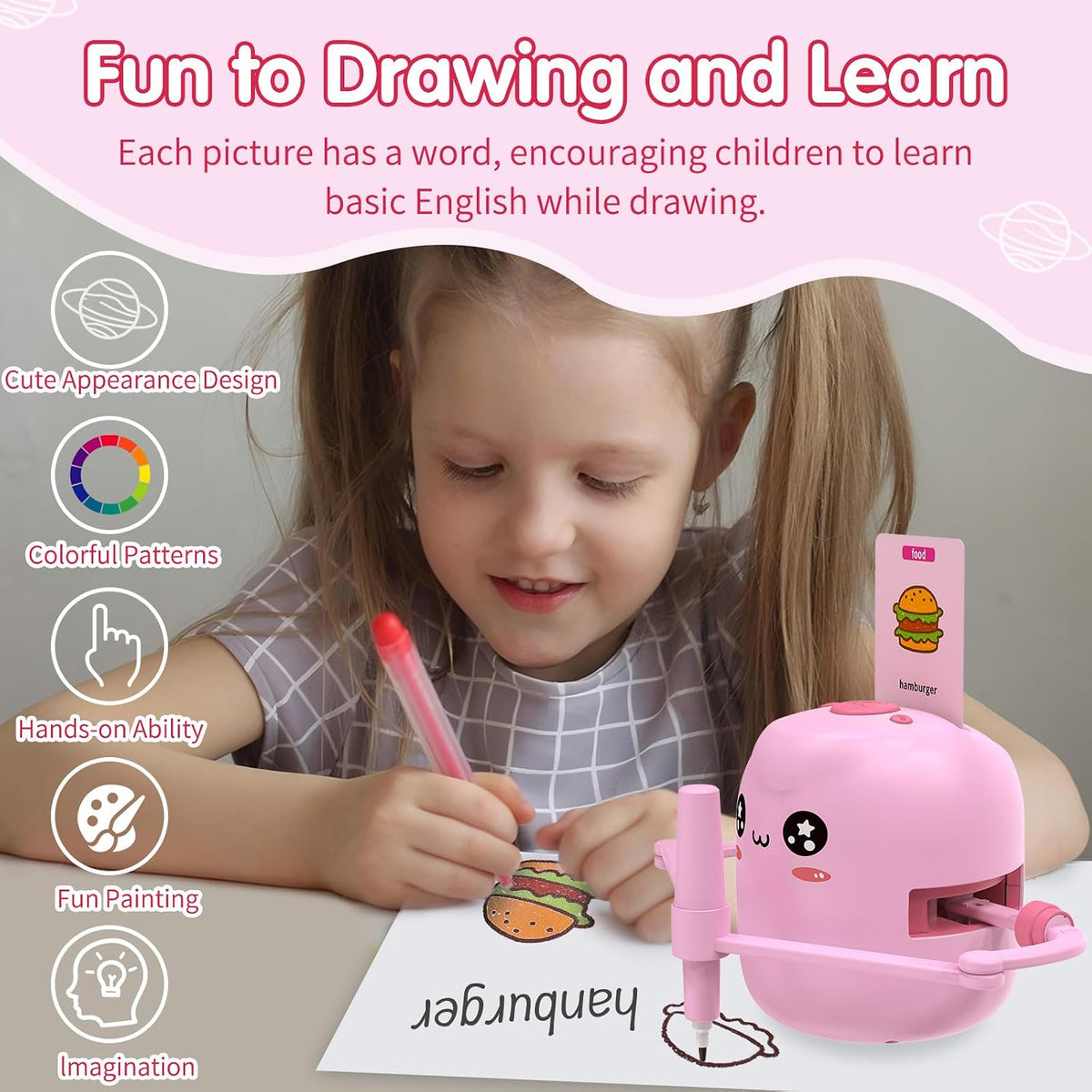 ERYMCS pink drawing robot for kids with picture cards and pens - view 4