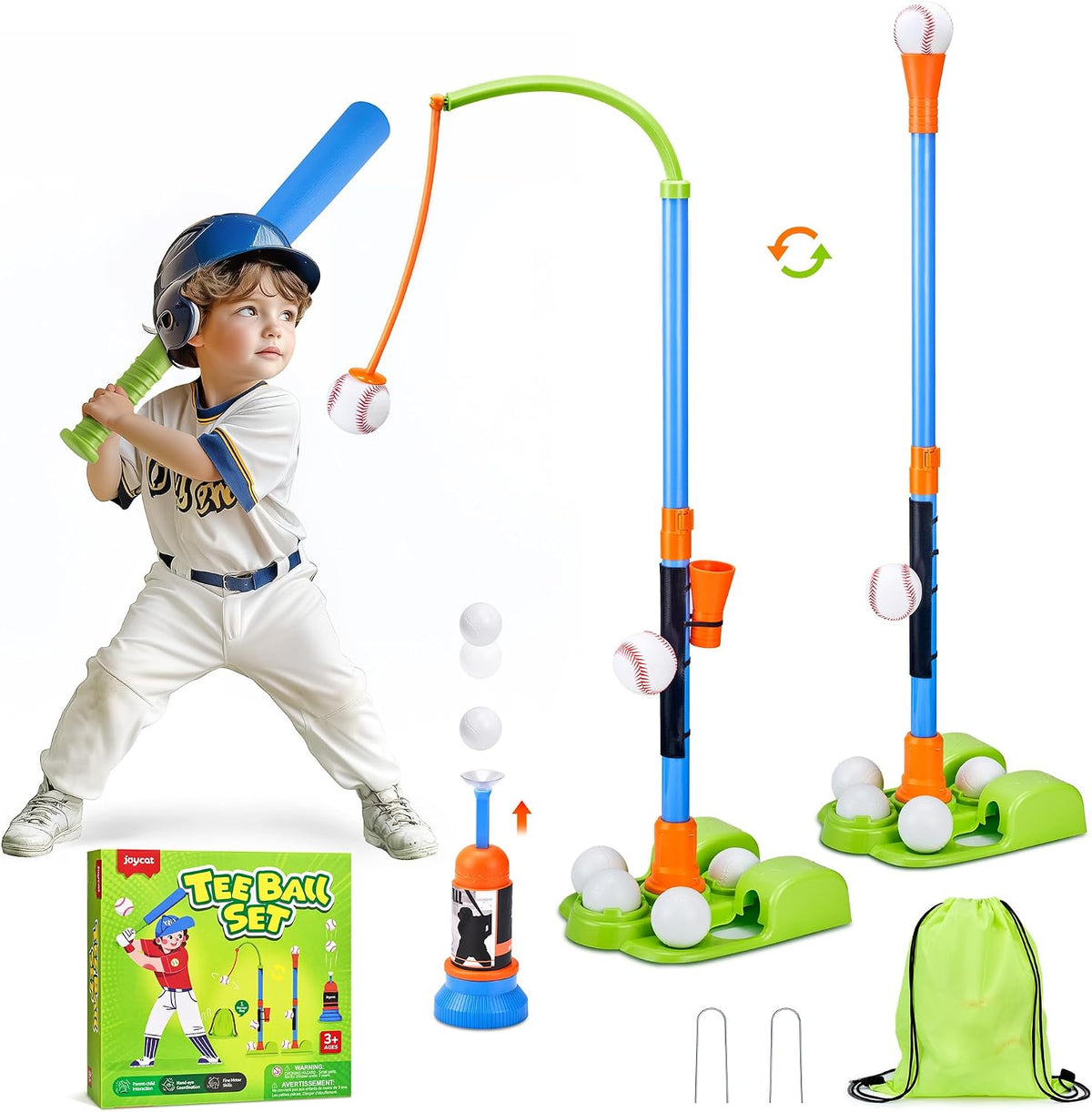 JoyCat 3-in-1 toddler T ball set with adjustable stand, hanging tee, auto launcher and balls