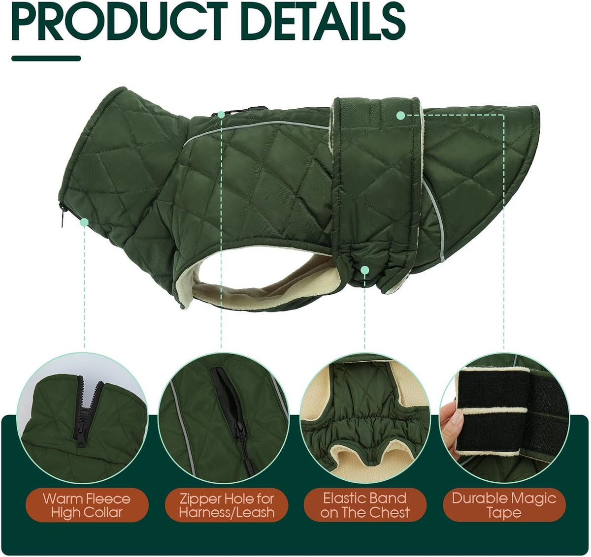 Kuoser Large Dog Coat, Fleece Lined Dog Winter Jacket with Harness Hole, L – Essentials for Dogs - X-large (Chest: 24.4" - 29.92") / A-Forest Green - image 2