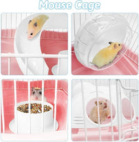 PINVNBY Dwarf Hamster Cage, Small Animal Cages, 2-Tier Travel Portable Mouse Cage Hamster Carrier with Castle House Running Exercise Wheels, Water Bottle and Food Dis（Pink）