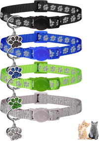 4PCS Breakaway Cat Collars, Reflective Cat Collar with Bells - 6-9 Inch / Black+Blue+Green+Grey