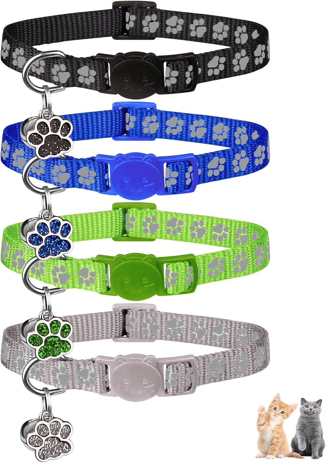 4PCS Breakaway Cat Collars, Reflective Cat Collar with Bells - 6-9 Inch / Black+Blue+Green+Grey