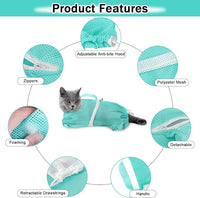 JULMELON Cat Washing Bag 10 PCS Set, Adjustable Cat Shower Net Bag and Pet Grooming Brush with Nail Clipper Nail File Hair Combs Tick Tool Nail Caps for Bathing Nail Trimming Examination(Pink+Green)
