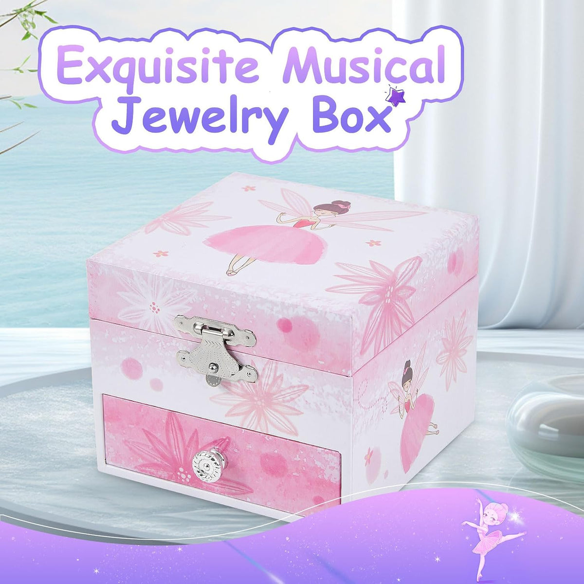 Girls Musical Jewelry Box with Drawer and Spinning Ballerina - Pink flower fairy - image 4