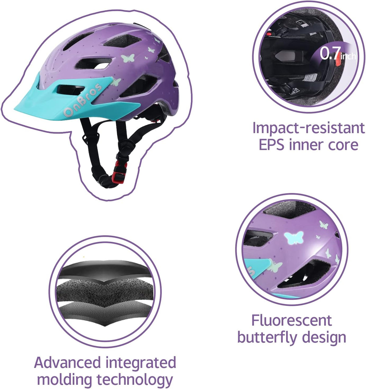 OnBros Kids Bike Helmet Boys Girls Youth Visor Adjustable 50-57CM – Fun for Kids & Family - A-Purple Butterfly[HOT] - image 4