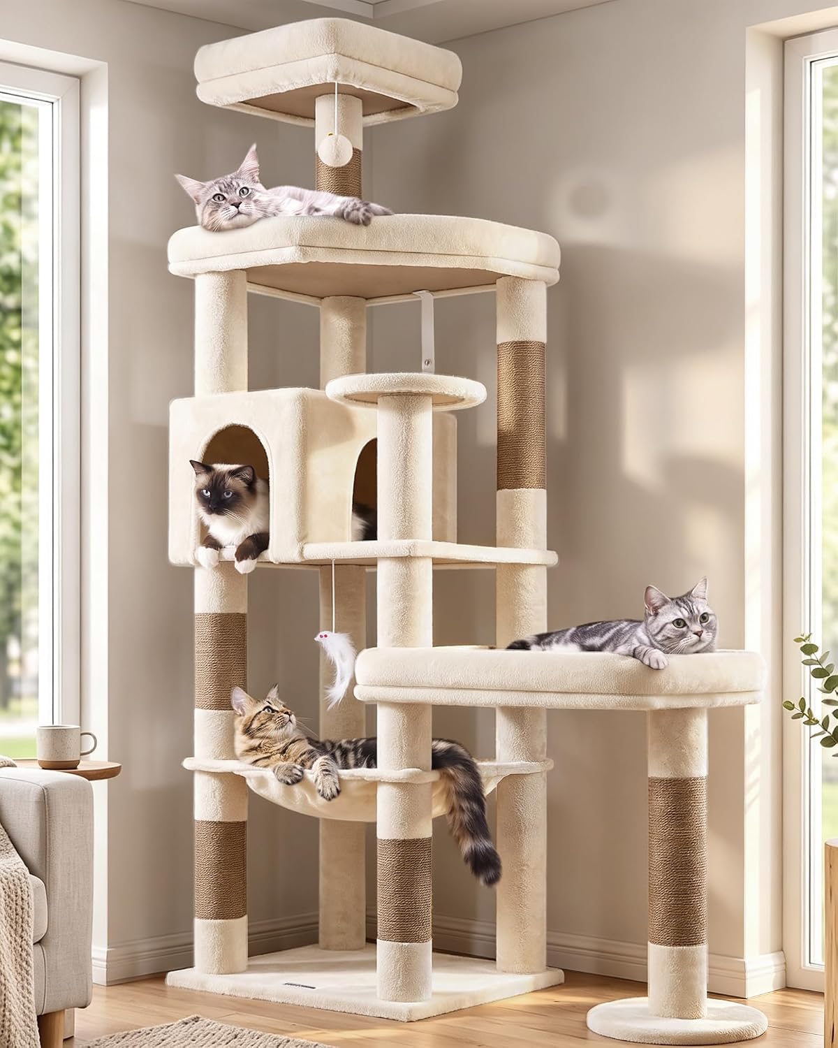 Globlazer 65in Sturdy Cat Tree Tower for Indoor Large Cats, S65 - 65inch / Beige
