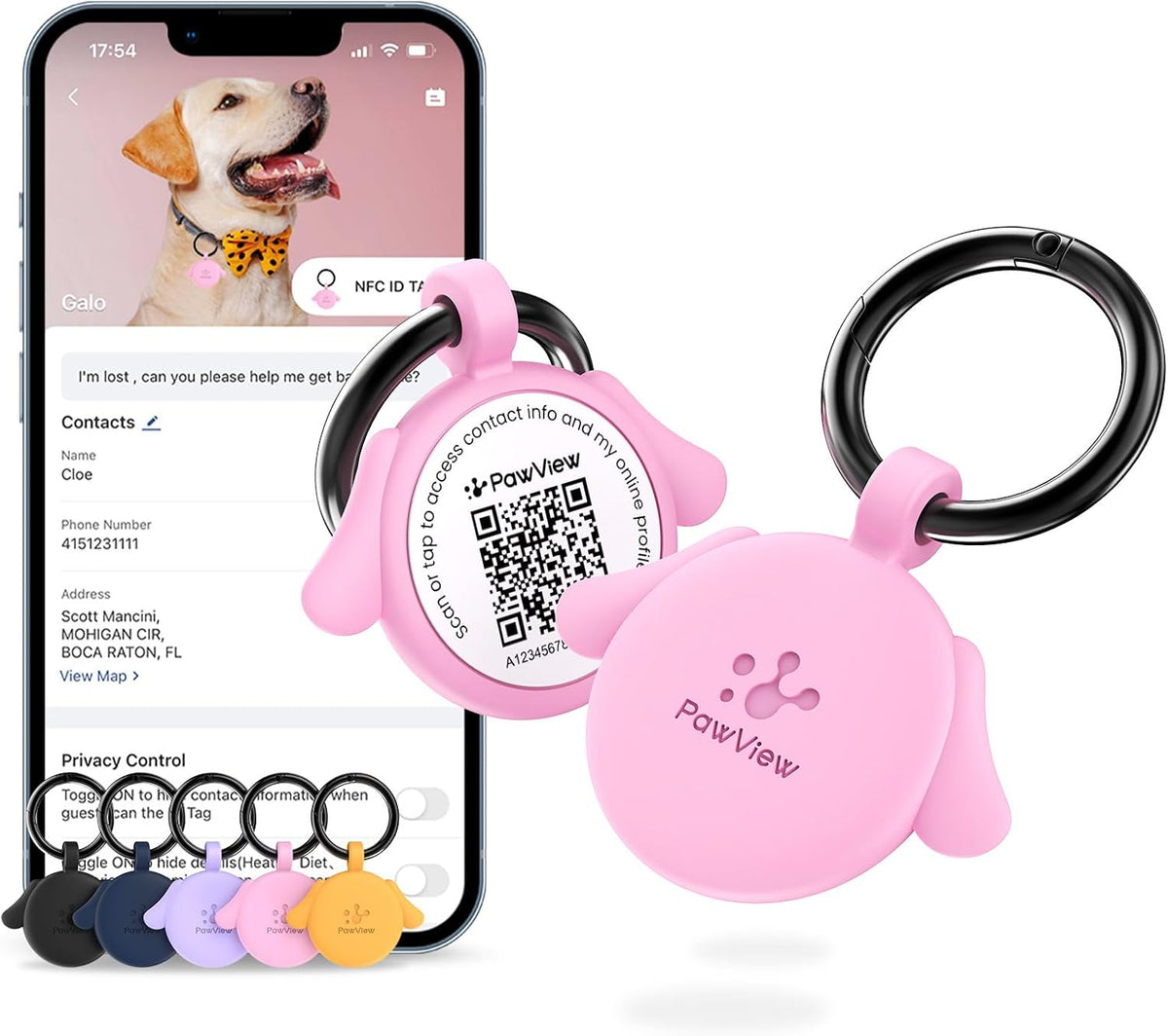 QR & NFC Pet ID Tag, Silent Silicone Dog Name Tag - Pink-dog