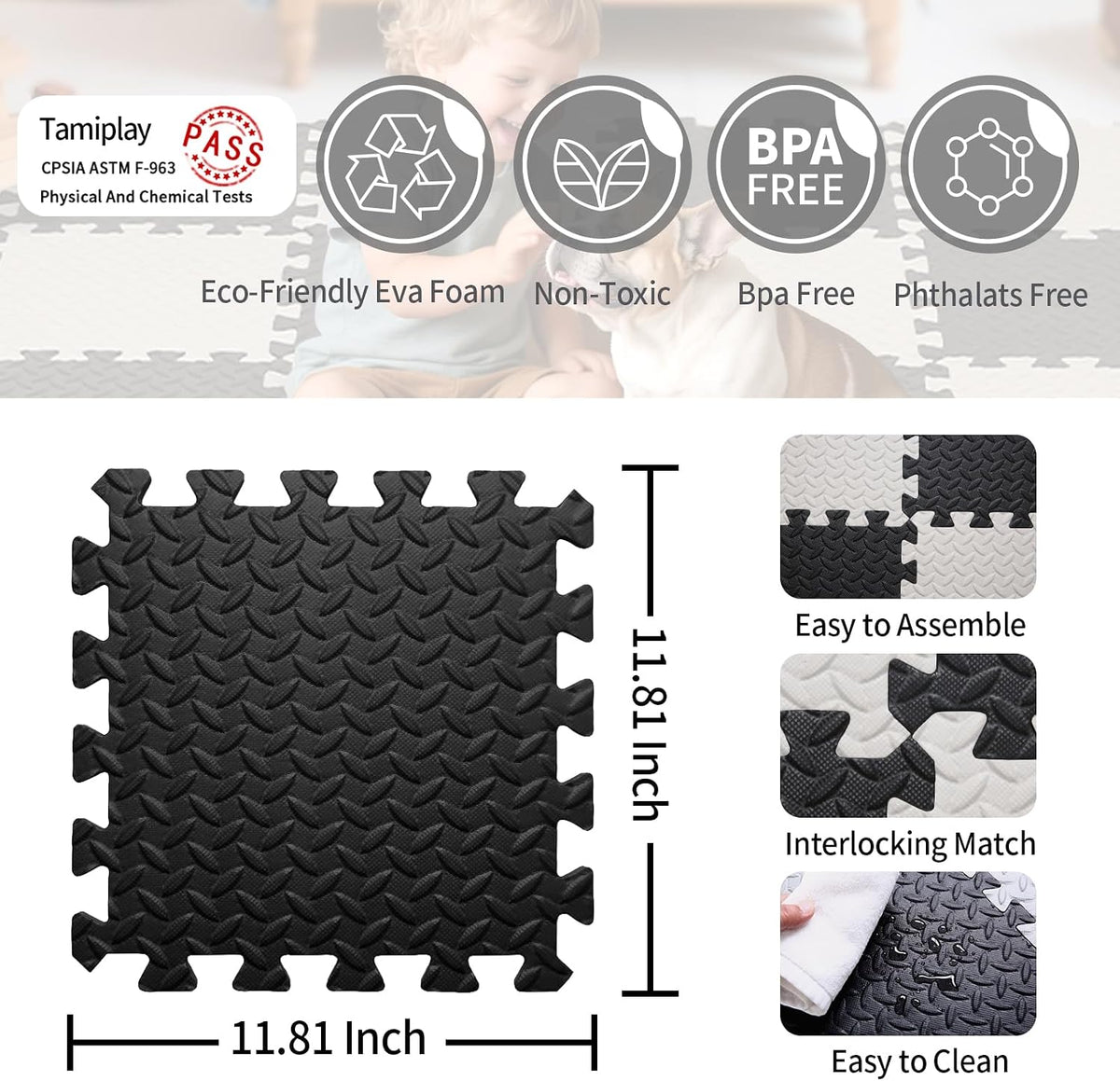 Foam Play Mat for Baby, Soft Non-Toxic Baby Playmat - White/Black / 36 Pcs/70.8*70.8 - image 4